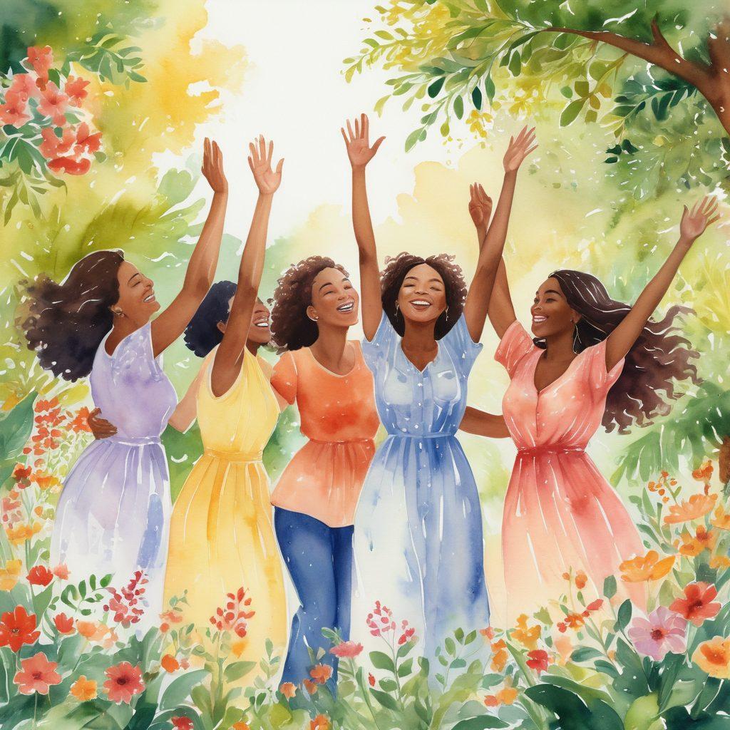 A diverse group of joyful women embracing each other in a lush garden, surrounded by vibrant flowers and trees symbolizing growth and abundance. They are sharing laughter and positivity with their arms raised in unity, showcasing expressions of empowerment and support. Soft sunlight filters through the leaves, creating a warm and inviting atmosphere. watercolor painting. vibrant colors. whimsical style.