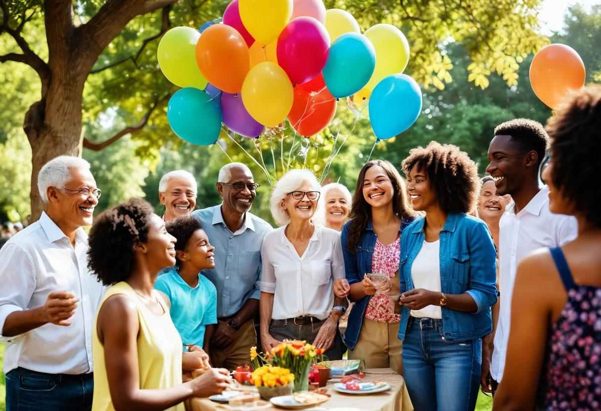 A diverse group of people of different ages and backgrounds joyfully engaging in a vibrant community gathering, exchanging ideas and support. In the background, a flourishing garden symbolizes growth and abundance, while colorful balloons and banners convey happiness and celebration. Soft sunlight filters through the trees, creating an inviting atmosphere. super-realistic. vibrant colors. cheerful tone.