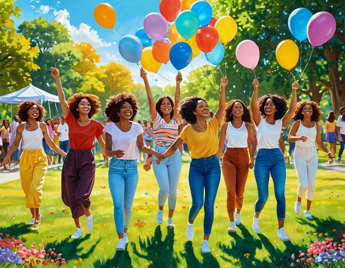 A vibrant scene depicting diverse women of different ethnicities joyfully gathering in a colorful park, engaging in playful activities like painting, dancing, and sharing laughter. Balloons and flowers surround them, symbolizing empowerment and unity. Bright sunlight bathes the scene, enhancing the sense of cheerfulness and community. super-realistic. vibrant colors. sunny background.